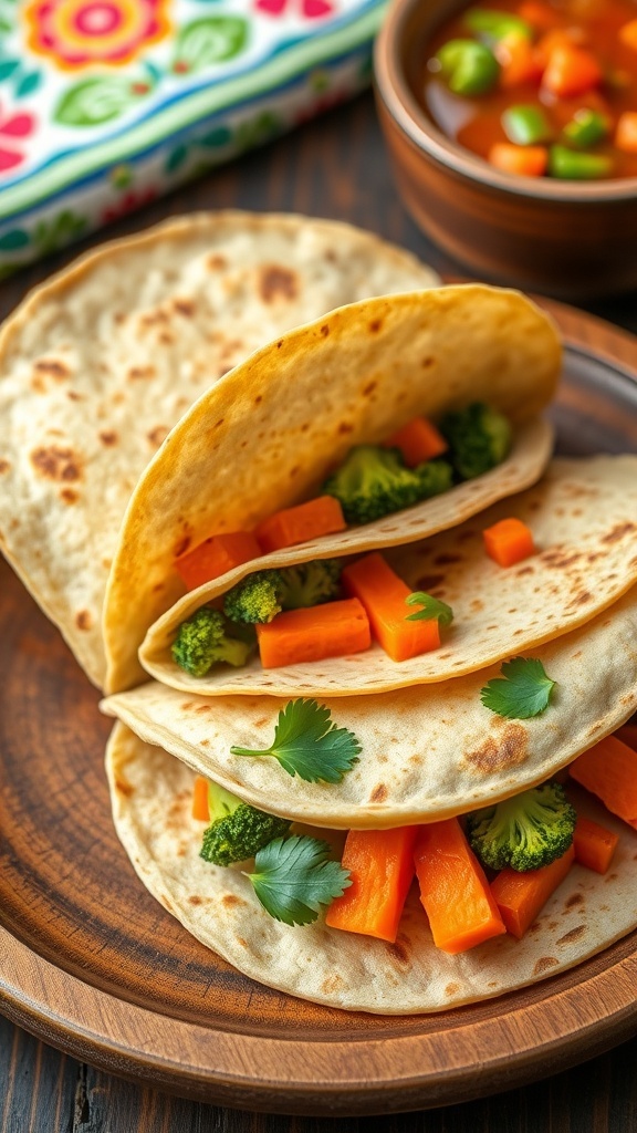 A stack of broccoli and carrot tortillas on a wooden plate, filled with vegetables and garnished with cilantro.